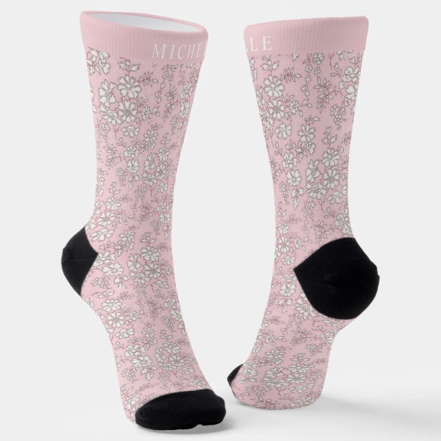 Calcetines Personalizado Bebé Rosa Flor Blanca Floral Rosa (Angular)