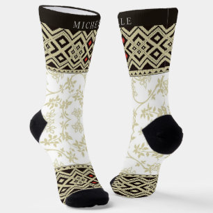 Calcetines Personalizado Beige Oro Blanco Rojo Floral Azteca 