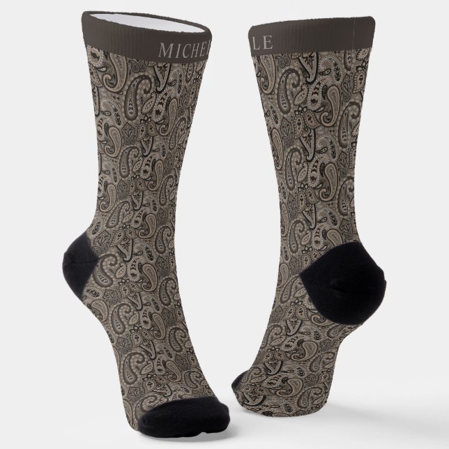 Calcetines Personalizado Beige Tan Brown Gray Paisley Pattern (Angular)