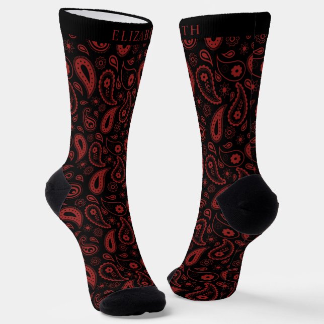 Calcetines Personalizado Black Dark Wine Red Maroon Paisley P (Angular)