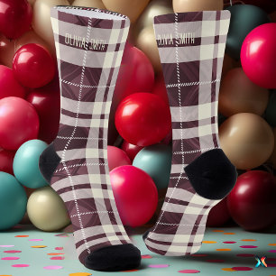 Calcetines Personalizado de Plaid Tartán Burgundy & Cream Per