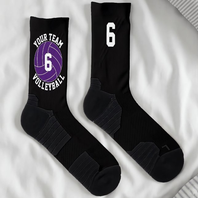 Calcetines Personalizado de voleibol púrpura nombre de equipo (Custom volleyball socks for volleyball players and teams with purple team colors.)