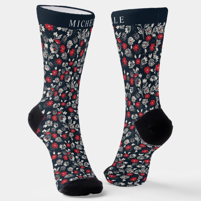 Calcetines Personalizado Flor blanca gris gris oscuro azul fl (Angular)