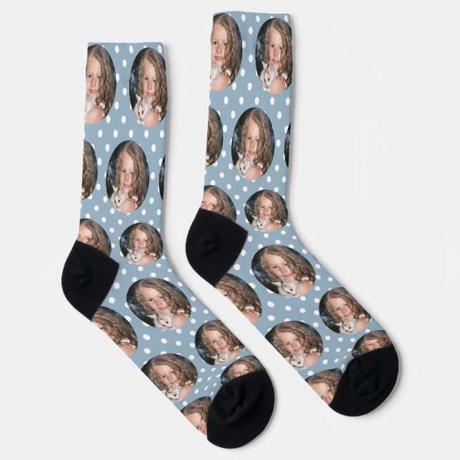Calcetines Personalizado Girlfriend Photo Dusty Blue Polka Do (Derecha)
