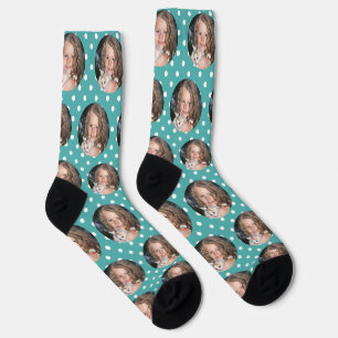 Calcetines Personalizado Novia foto Verde azulada Polka Azul 