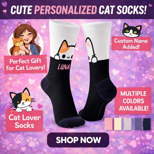 Calcetines Personalized Cat Socks with Name – Cat Lover Gifts (Personalized Cat Socks With Name , Buy This Perfect Gift For Cat Lovers. Available In Many Colors. )