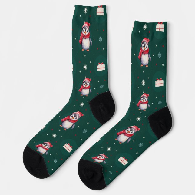Calcetines Pingüino Santa Verde Feliz Feliz Regalo de Navidad (Izquierda)