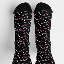 Calcetines Pink caliente en Black Lacrosse Sticks & Hearts Pa