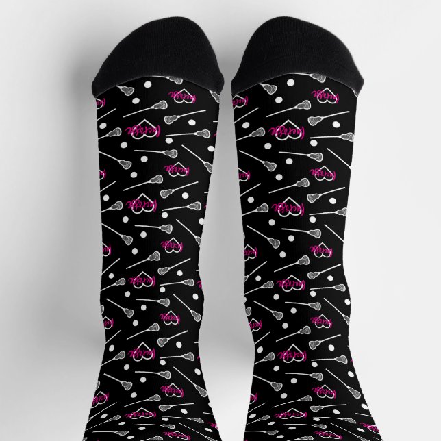 Calcetines Pink caliente en Black Lacrosse Sticks & Hearts Pa (Arriba)