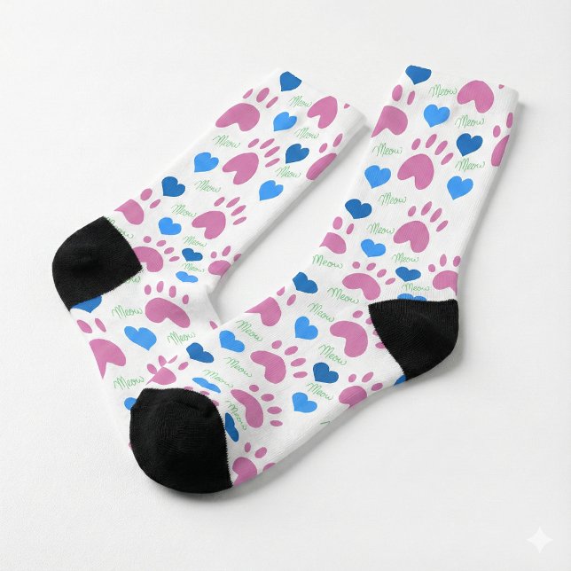 Calcetines Pink Cat Paws Blue Hearts Green Meow Pattern (A pair of socks with a pattern of cat paws, hearts and meow in pink, green and blue.)