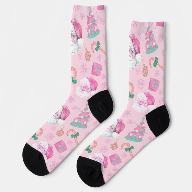 Calcetines Pink Christmas Santa Clau & Tree Seamless Pattern (Izquierda)