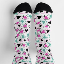 Calcetines Pink Green Black Modern Hearts Valentine Pattern