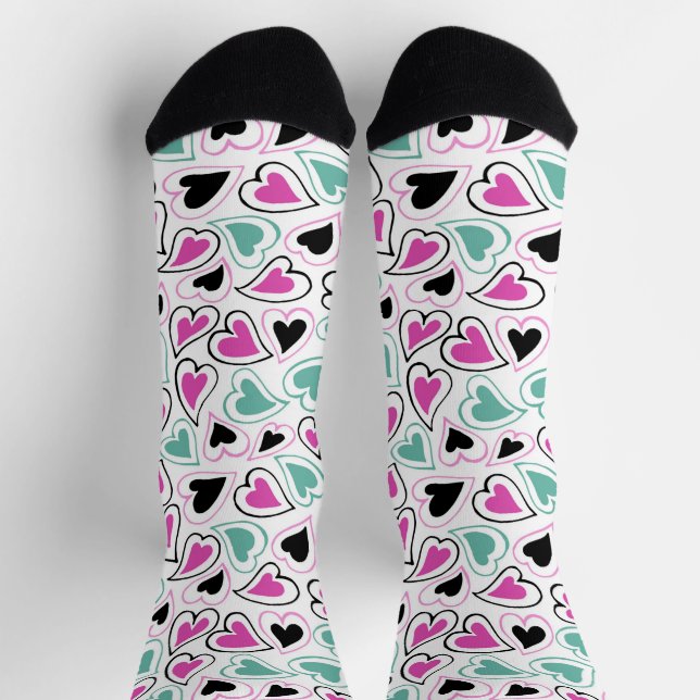 Calcetines Pink Green Black Modern Hearts Valentine Pattern (Arriba)