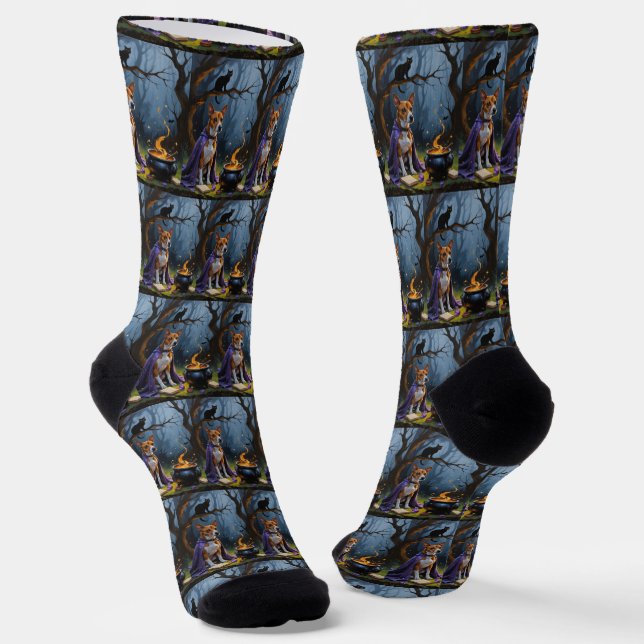 Calcetines Pintura caprichosa de Halloween de perro Basenji (Angular)