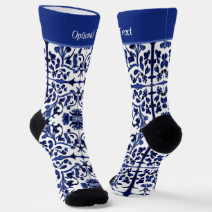 Calcetines Pintura de azulejos azules vintage con texto perso