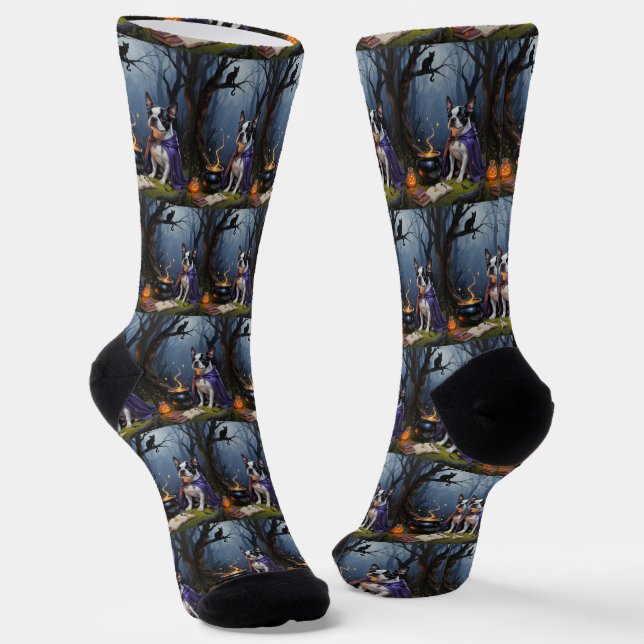 Calcetines Pintura de Halloween de Boston Terrier Dog (Angular)