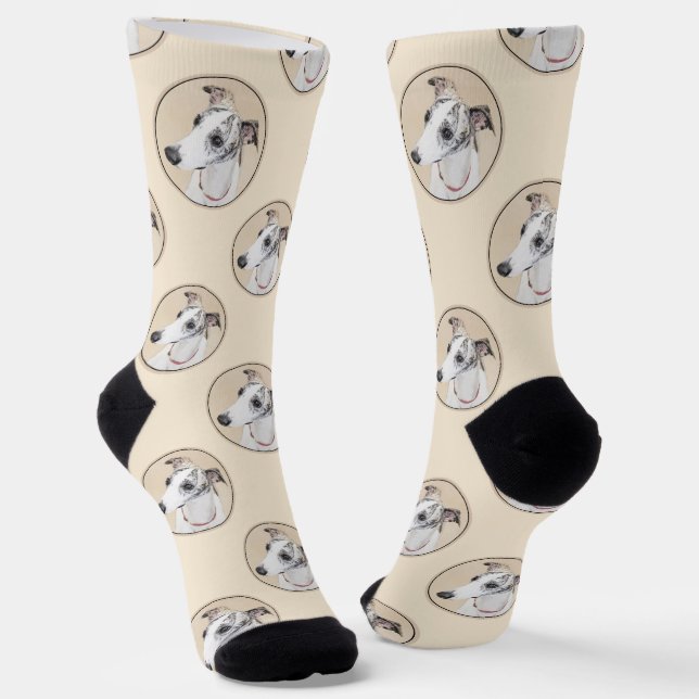Calcetines Pintura de Whippet Brindle White Original Dog Art (Angular)