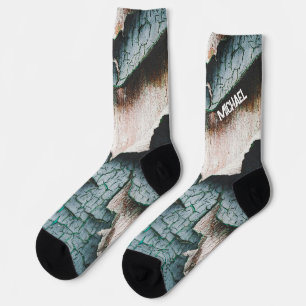 Calcetines Pintura verde azul antiguo rústico madera Nombre p