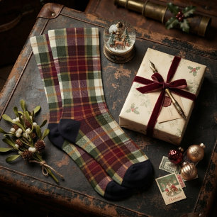 Calcetines Plaid de Navidad tradicional rojo burdeos y verde