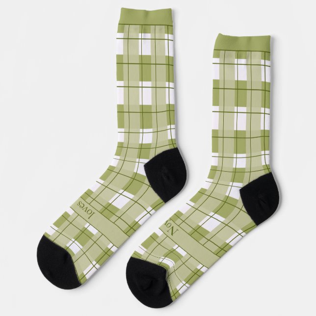 Calcetines Plaid verde y blanco, texto en pie (Izquierda)