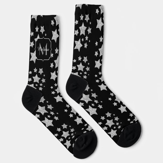 Calcetines Plata brillante Patrón de estrellas negro Monogram (Derecha)