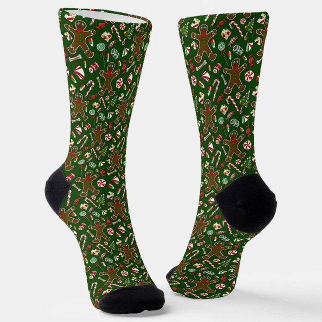 Calcetines Playful Green Festive Gingerbread Candy Pattern (Angular)