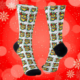 Calcetines Police Merry Christmas Shield with Poinsettia