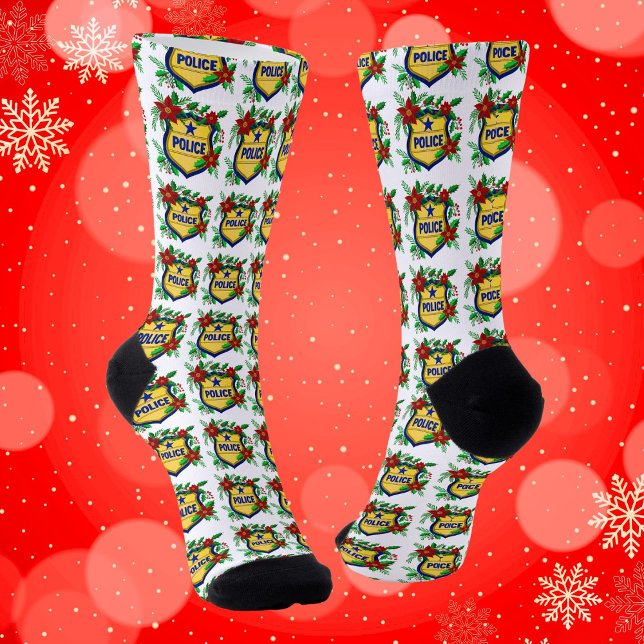 Calcetines Police Merry Christmas Shield with Poinsettia  (Subido por el creador)