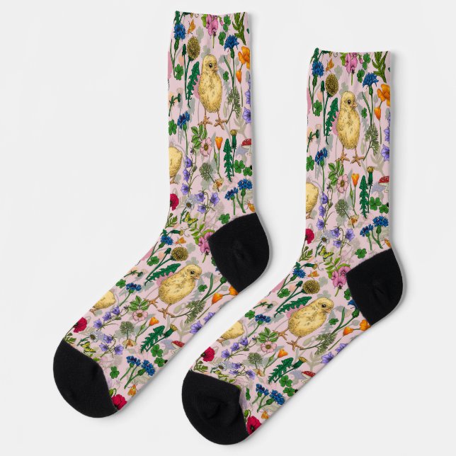 Calcetines Pollos y flores silvestres en los dulces de algodó (Izquierda)