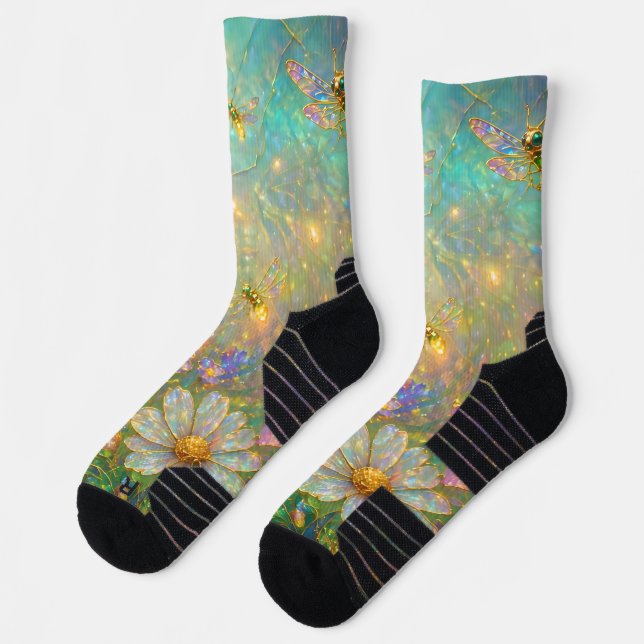 Calcetines Prado de flores silvestres con libélulas brillante (Izquierda)