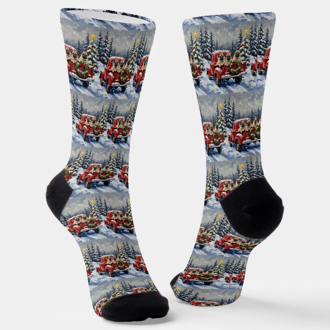 Calcetines Pug Christmas Red Truck Holiday (Angular)