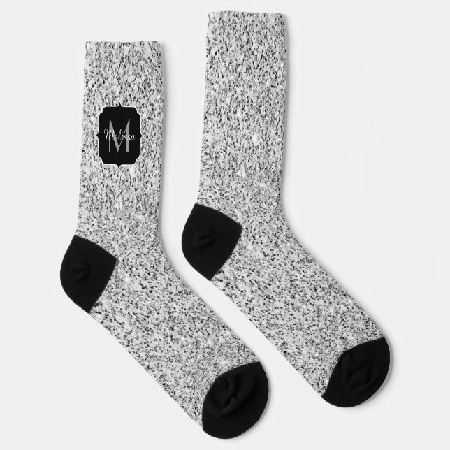 Calcetines Purpurina de luz gris plateado brillante Monograma (Derecha)