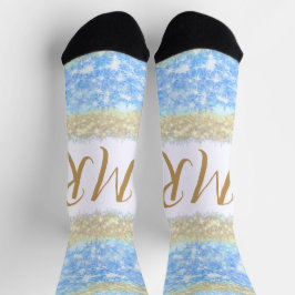 Calcetines purpurina de oro azul chispa monograma texto