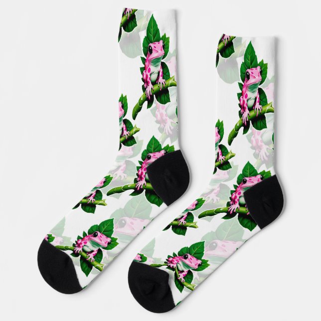 Calcetines Rana Rosa En Diseño De Patrón De Hojas Verdes (Izquierda)