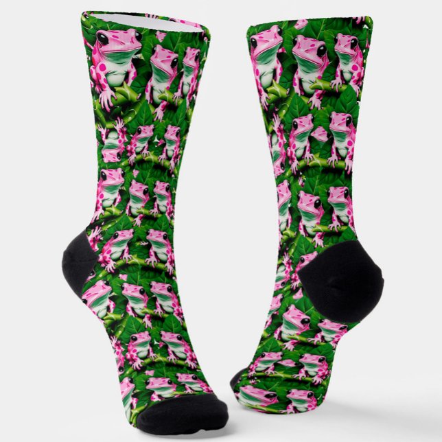 Calcetines Rana Rosa En Diseño De Patrón De Hojas Verdes (Subido por el creador)