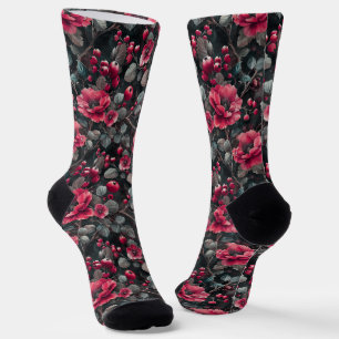 Calcetines Raspberry, flores borgoñas en gris oscuro