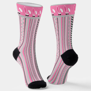 Calcetines Rayas rosas, grises y blancas con conejito blanco