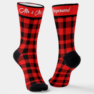 Calcetines Red Buffalo Plaid la primera Navidad Mr & Mrs Coup
