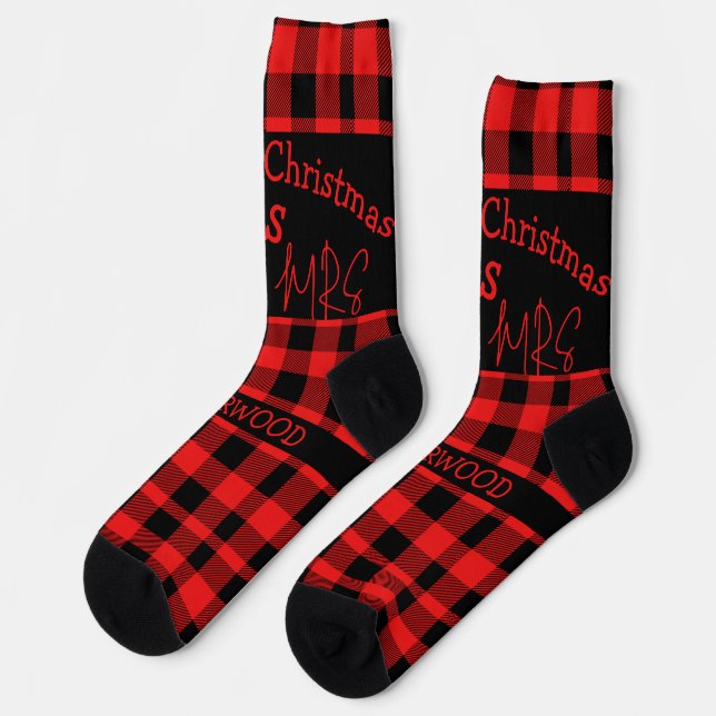 Calcetines Red Buffalo Plaid la primera Navidad Mr & Mrs Coup (Izquierda)