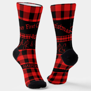 Calcetines Red Buffalo Plaid la primera Navidad Mr & Mrs Coup