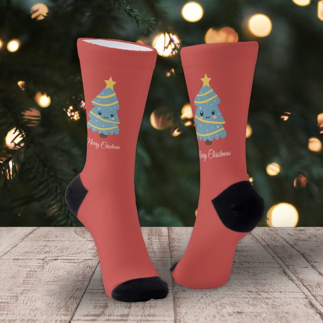 Calcetines Red Socks with Kawaii Christmas Tree (Red Socks with Kawaii Christmas Tree)