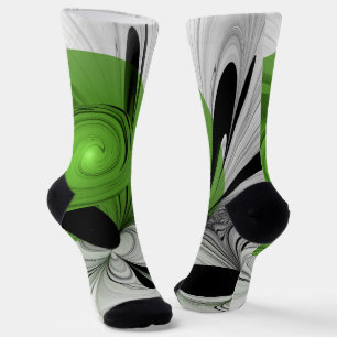 Calcetines Resumen en blanco y negro con arte fractal verde