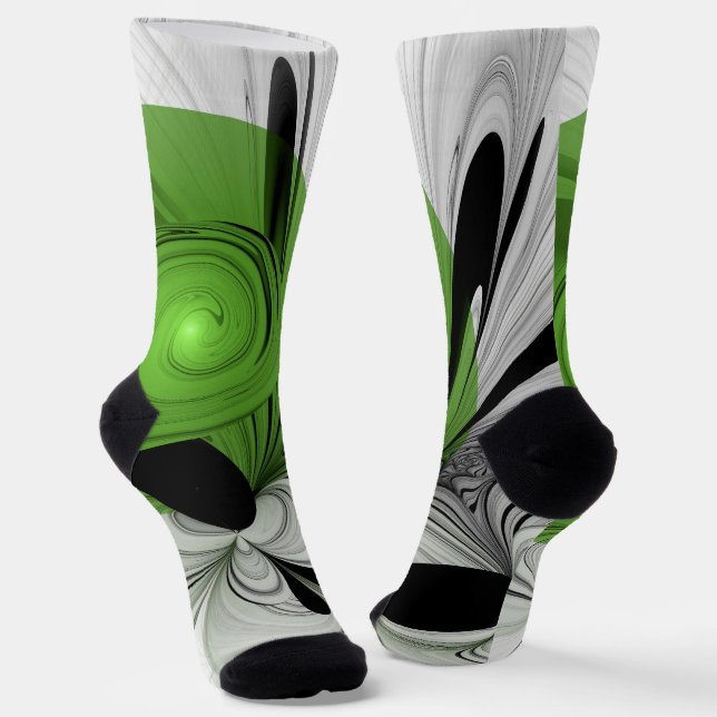 Calcetines Resumen en blanco y negro con arte fractal verde (Angular)
