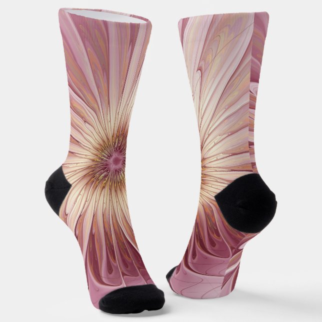 Calcetines Resumen Flor Arte Fractal y tonos de Borgoña (Angular)