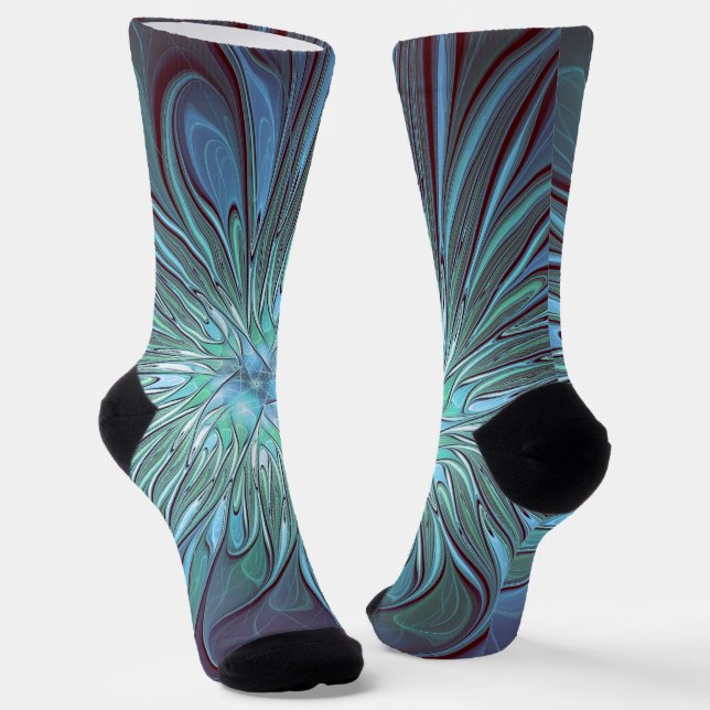 Calcetines Resumen moderno Arte fractal de flor azul de moda (Angular)