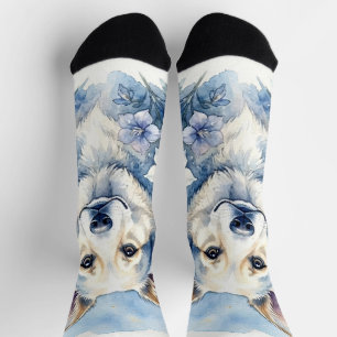 Calcetines Retrato floral botánico de perro en acuarela