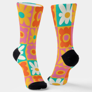 Calcetines Retro Floral de Cuadros Groovy de los 70 Colorido