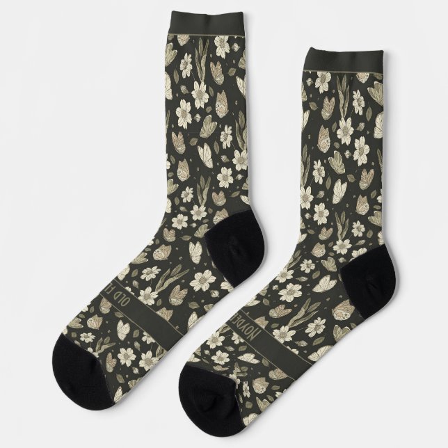 Calcetines Retro Flowers and Butterflies on Dark Grey (Izquierda)