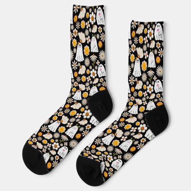 Calcetines Retro Ghost Flowers Halloween Seamless Pattern (Izquierda)