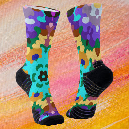 Calcetines Retro Mandala azul morado y amarillo
